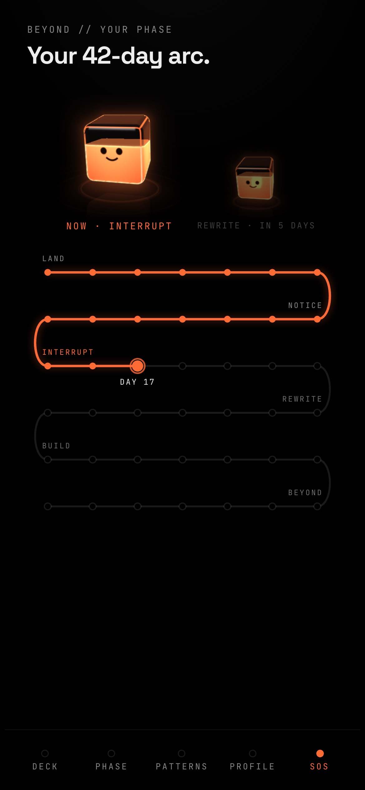 Phase screen: your 42-day path, drawn to today, with Signal now and his next form